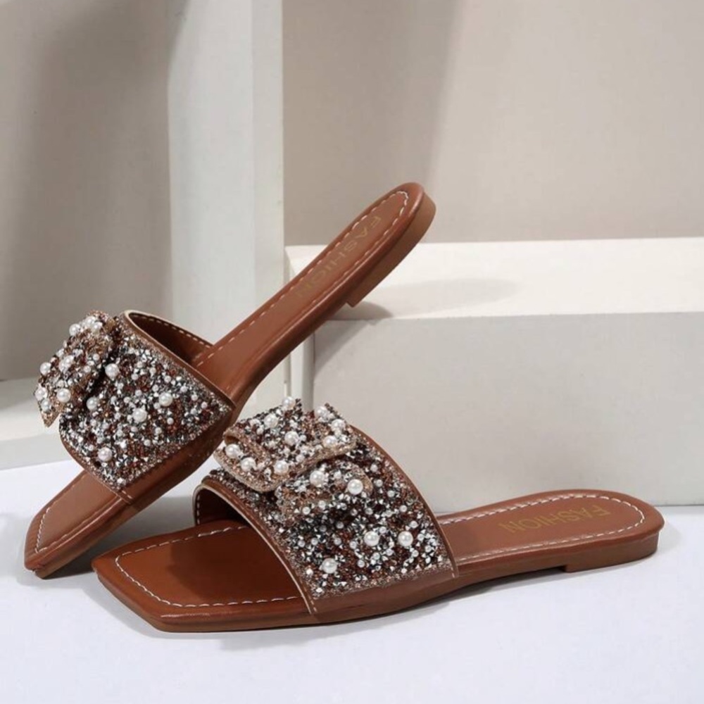 Women brown flip flop sandals rhinestones fashion slide faux pearl elegant - Picture 7 of 12